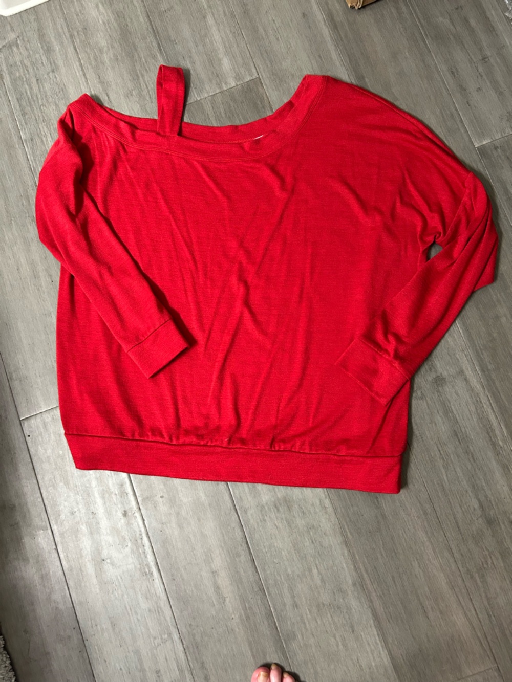 Very Red off one shoulder sweater.
